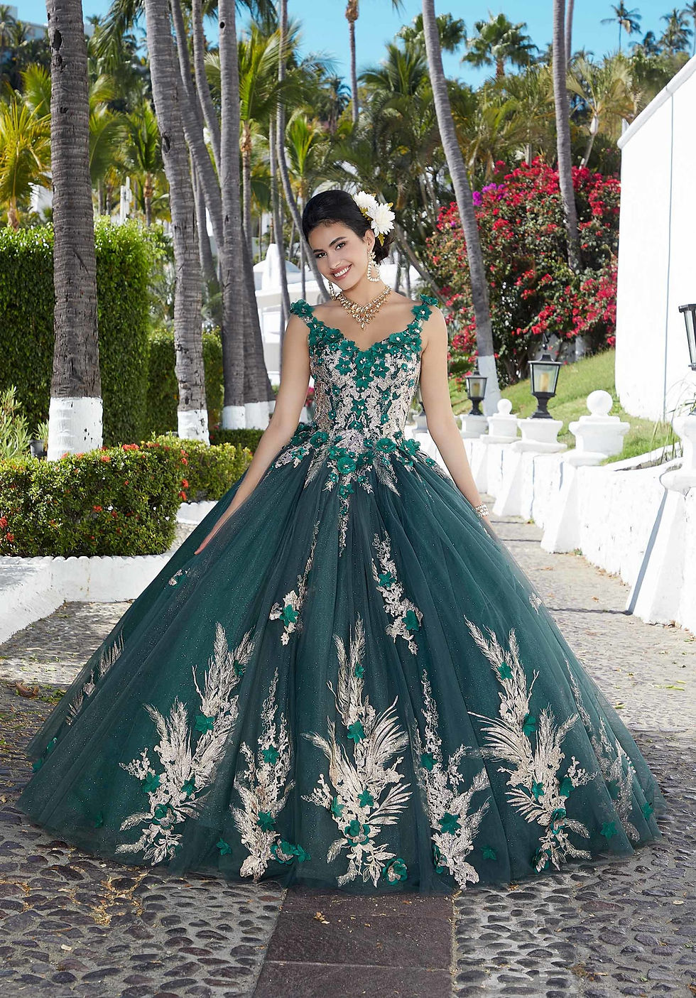 Glitter Tulle Quinceañera Dress with Three-Dimensional Floral Appliqués 89362